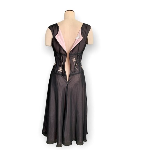 London Times Plus Sz 14 Sheer Black Lined Chiffon Dress Flower Appliqués #224C - Picture 5 of 7